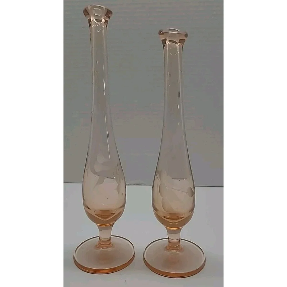 Pink Peach Swung Bud Vases Depression Art Glass Etched Pair 8.5 inch‎ and 8 inch